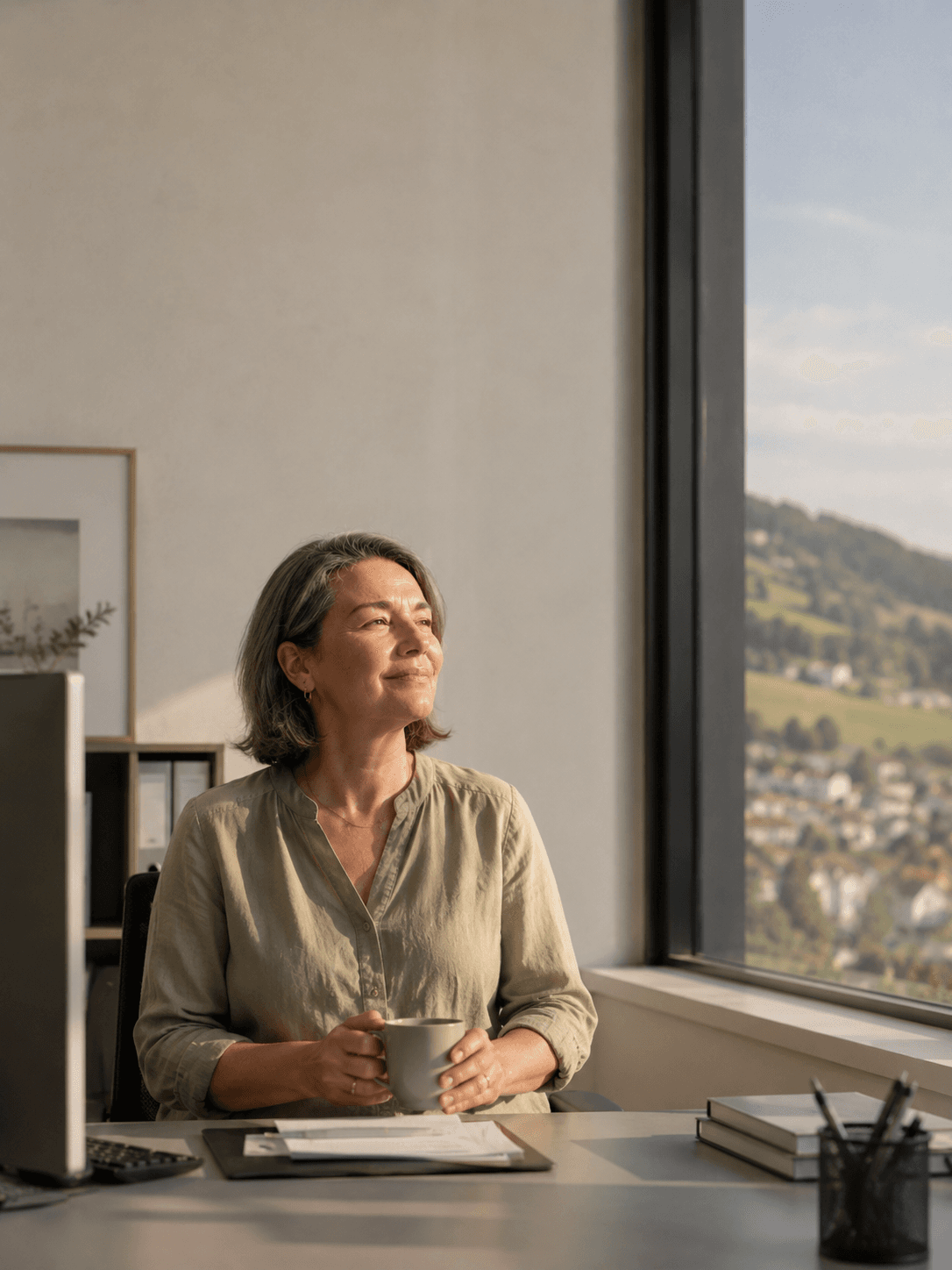 Eine Mitarbeiterin im Backoffice sitzt mit einer Tasse am Schreibtisch und blickt aus dem Fenster.